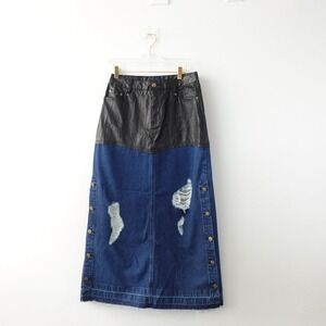 Patchwork Denim Maxi Skirt M‎ Paint Coated Distressed Y2K Streetwear SJYP NEW